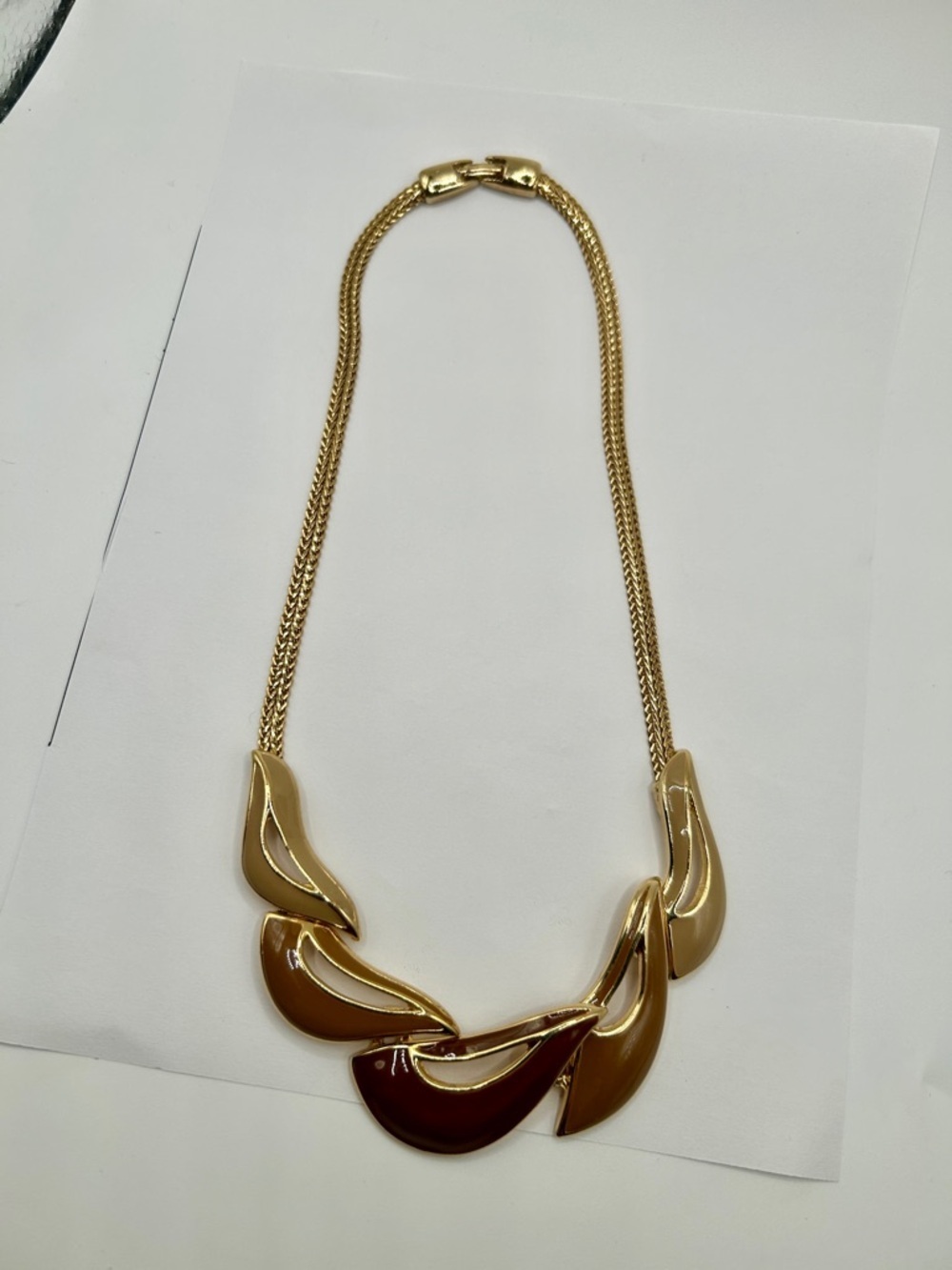 Vintage Gold Enamel Chain Necklace with Brown Tan Beige design - Picture 2 of 16